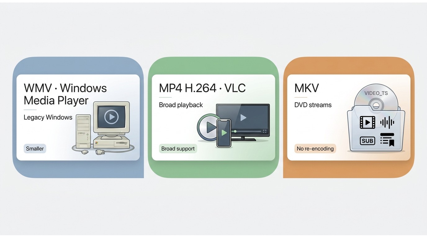 Comparison of WMV, MP4 H.264, and MKV for legacy Windows playback, broad compatibility, and DVD stre