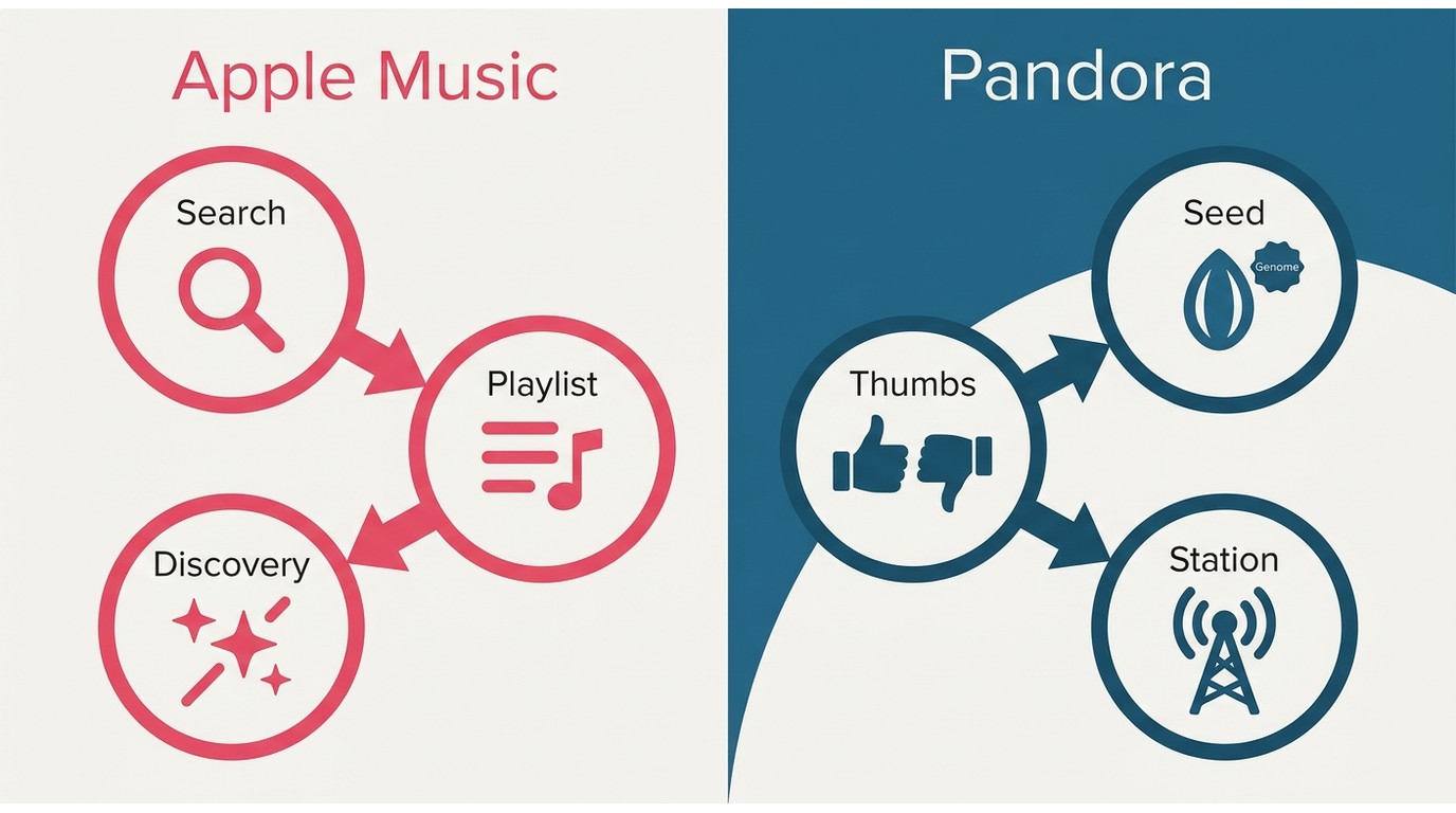 Apple Music on-demand discovery compared with Pandora seed stations and thumbs feedback.
