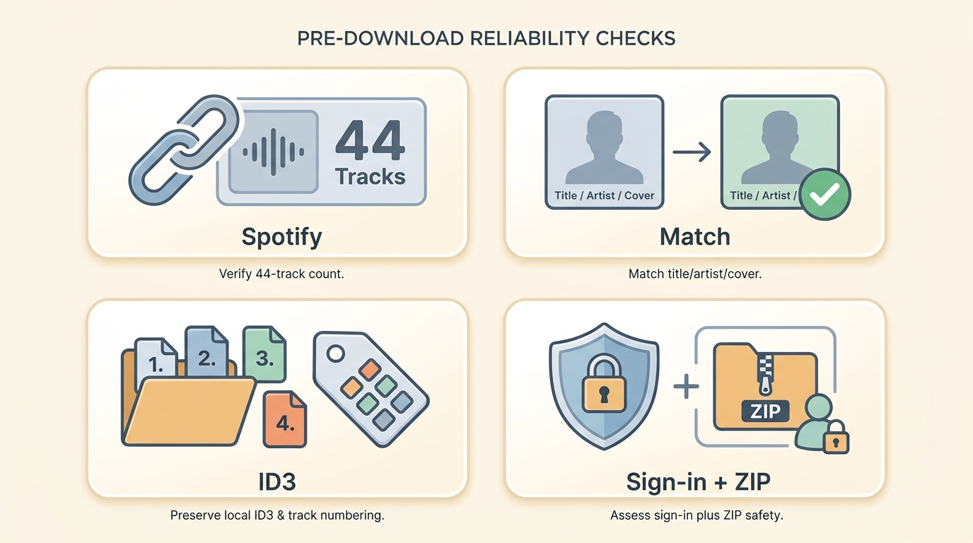 Spotify album checklist covering track count, version matching, metadata, and ZIP access.