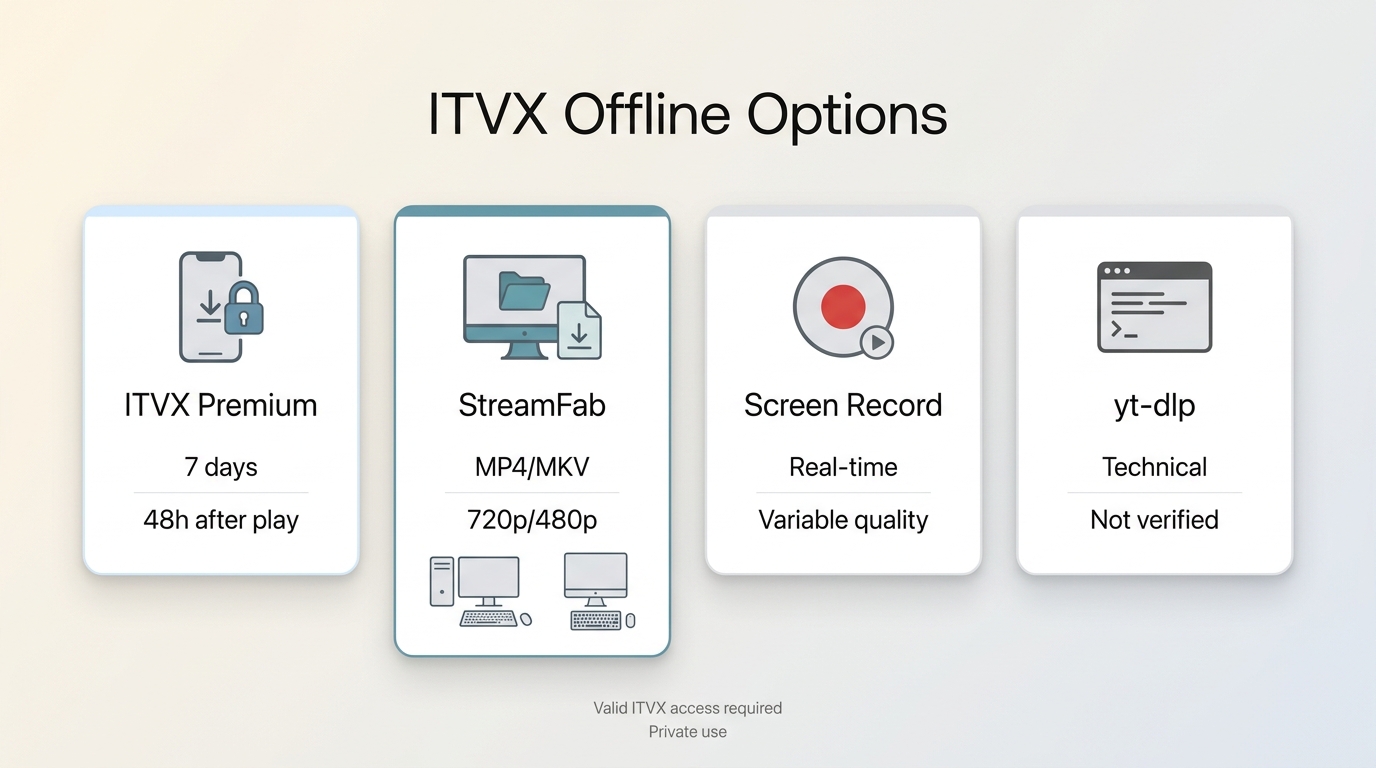 Comparison of ITVX Premium, StreamFab, screen recording, and yt-dlp offline options.