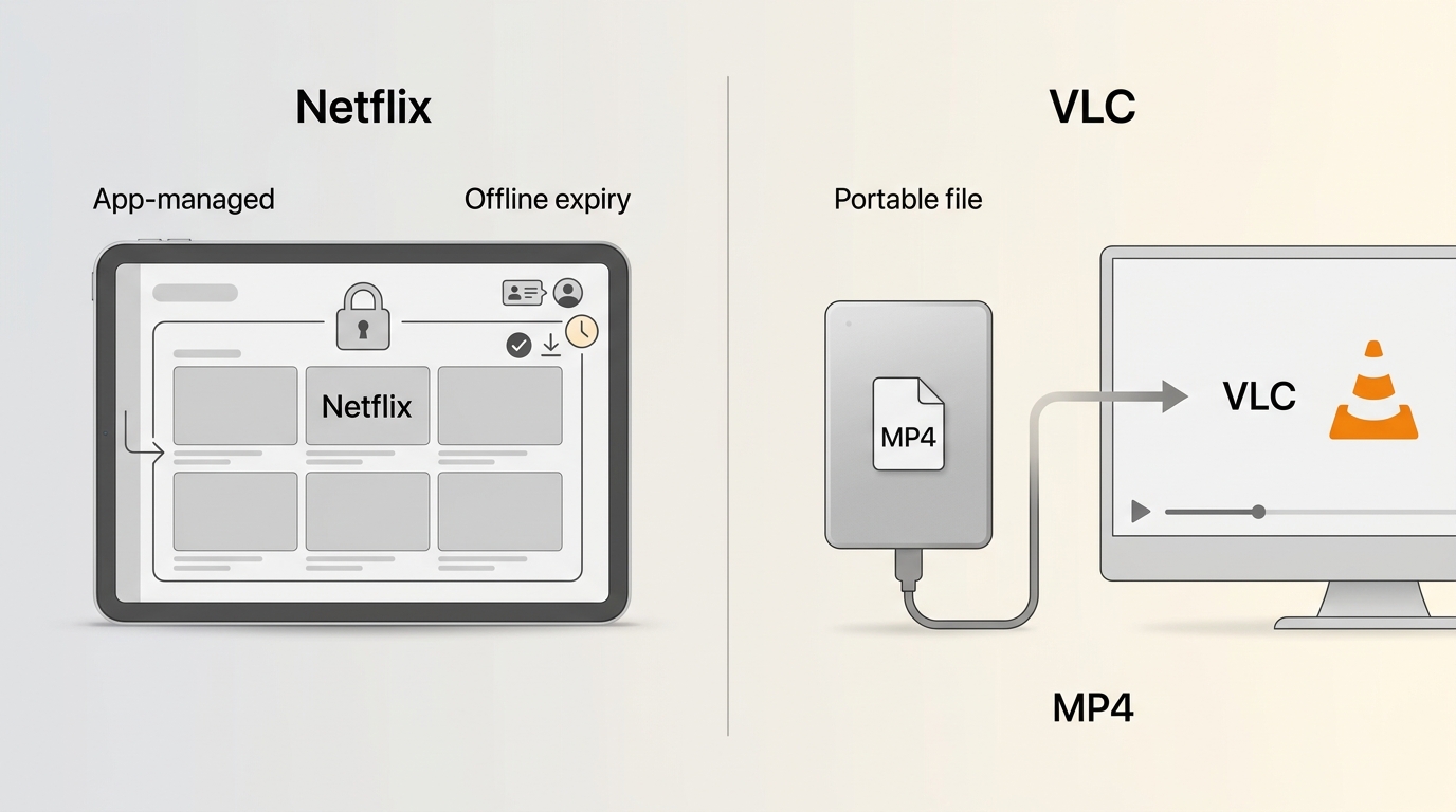 Netflix app download compared with a portable MP4 file playable in VLC.