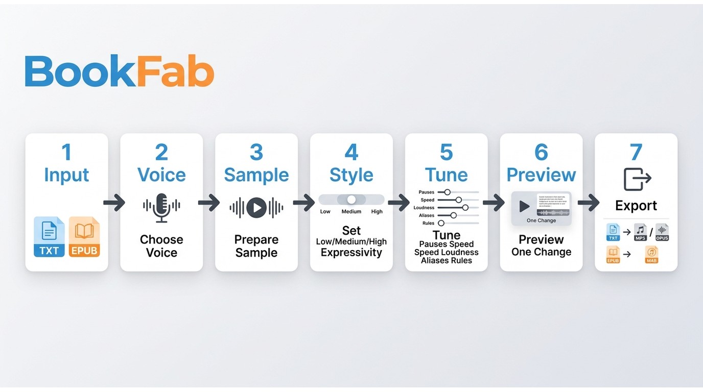 BookFab workflow from text or EPUB input to MP3, OPUS, and M4B audio export.