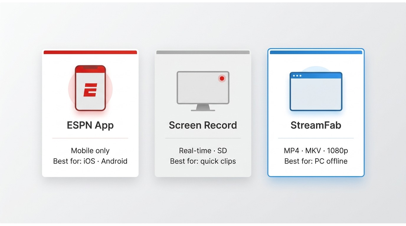Three ESPN video download options: ESPN app (mobile), screen recording (real-time), StreamFab (MP4/M