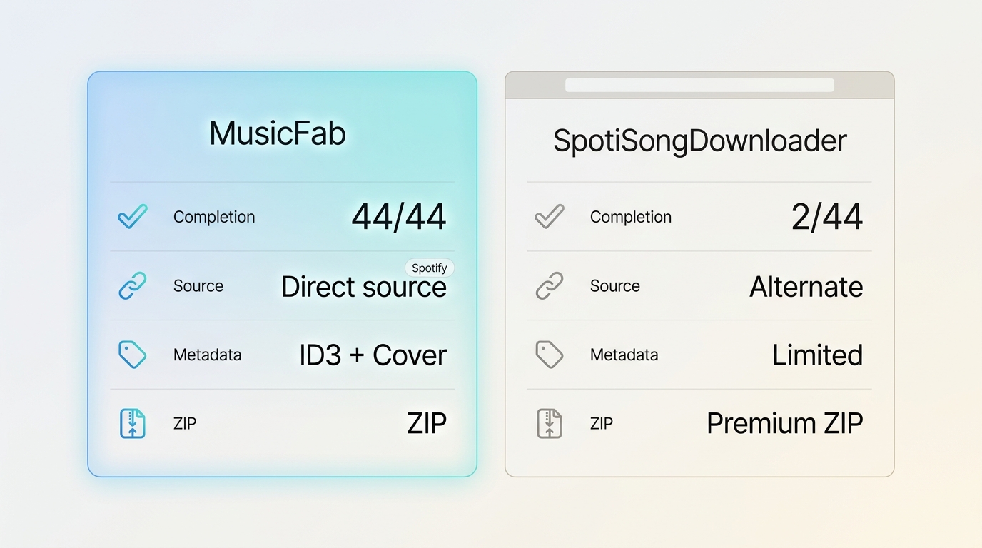 Comparison of MusicFab and SpotiSongDownloader for completion, source, metadata, and ZIP access.
