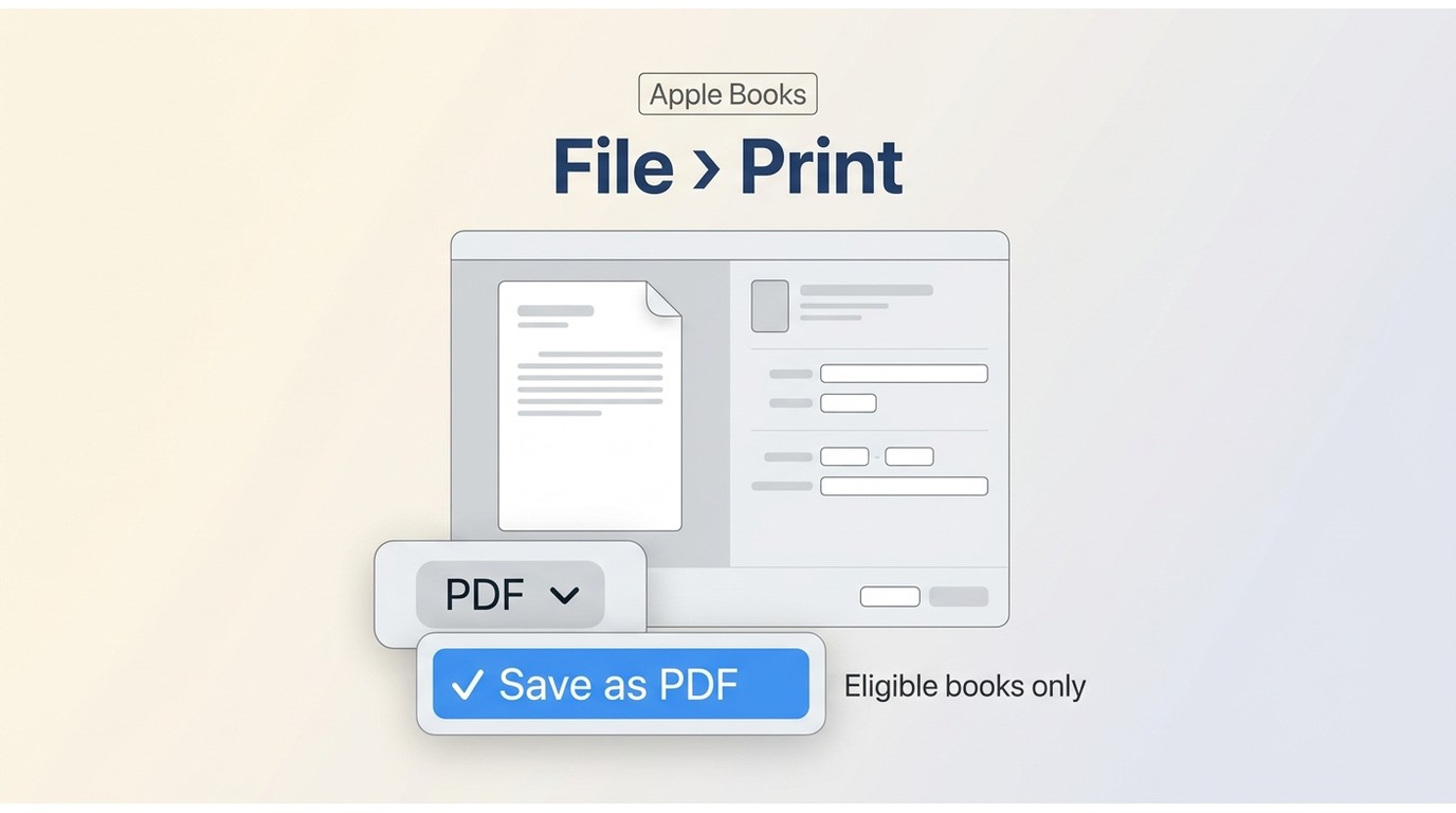 Apple Books print dialog with the Save as PDF option