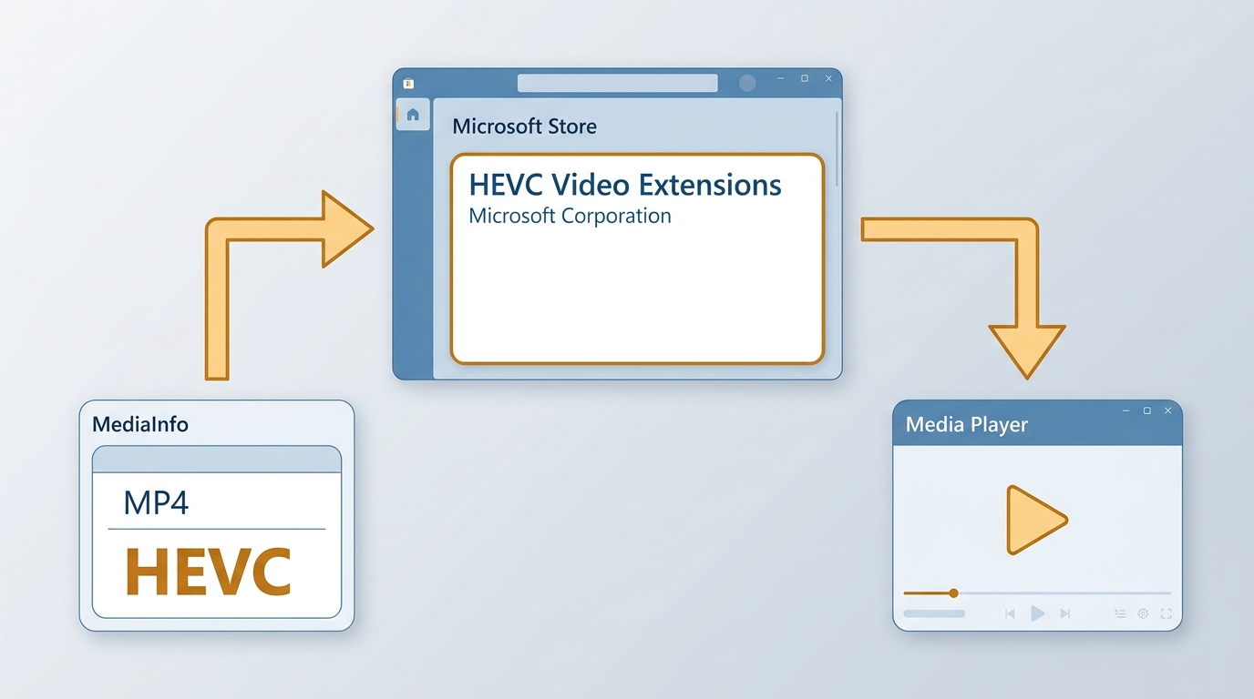 Microsoft Store HEVC Video Extensions matched to an HEVC MP4 identified in MediaInfo.