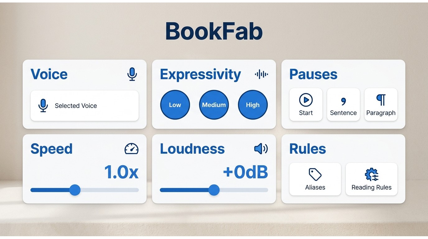 BookFab TTS controls for expressivity, pauses, speed, loudness, aliases, and reading rules.