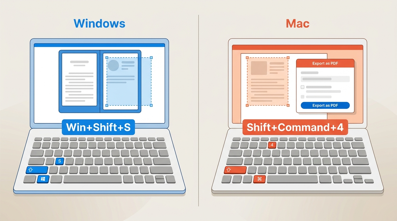 Windows Win+Shift+S and Mac Shift+Command+4 shortcuts for capturing Kindle pages, with Preview PDF e