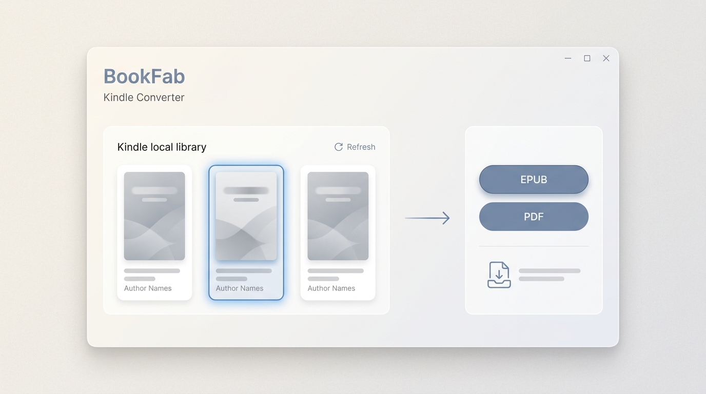 BookFab Kindle Converter listing local Kindle books with EPUB and PDF export options.