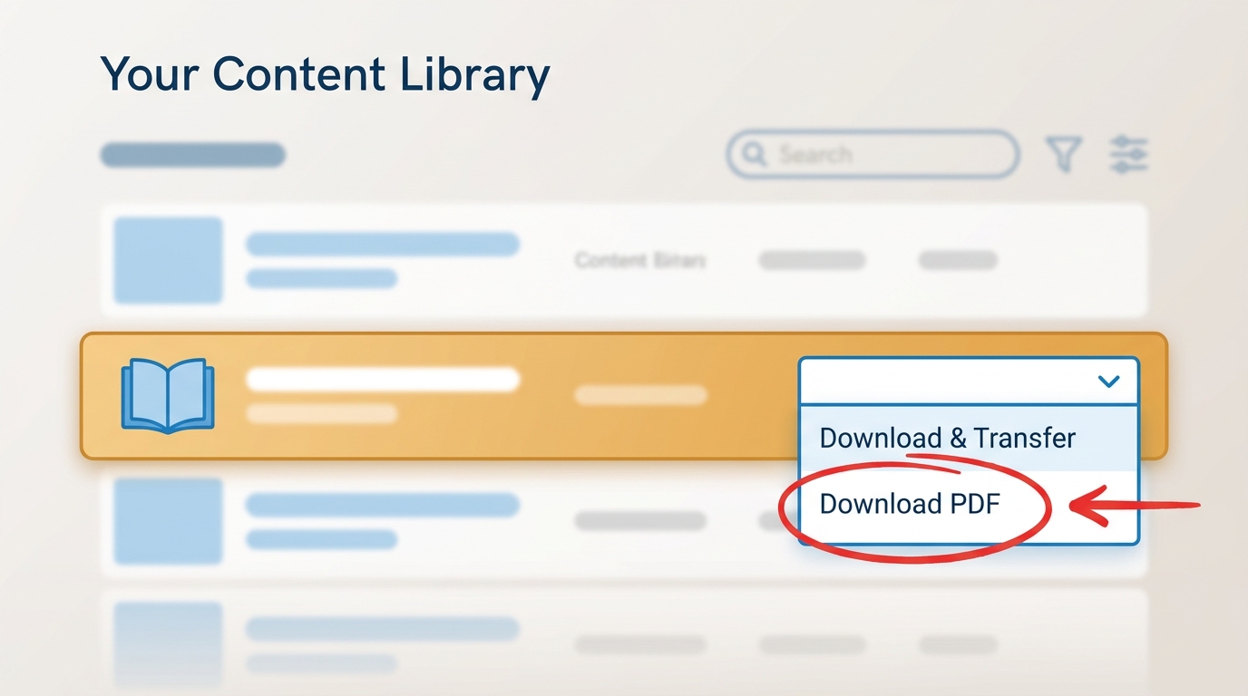 Amazon Content Library page showing the PDF download option for an eligible DRM-free Kindle title