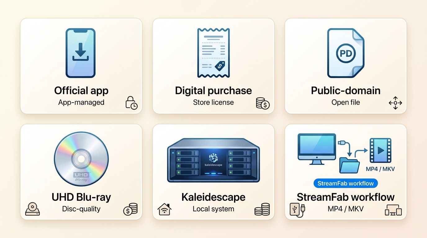 Comparison of six legal offline movie routes by portability, cost, and viewing use.