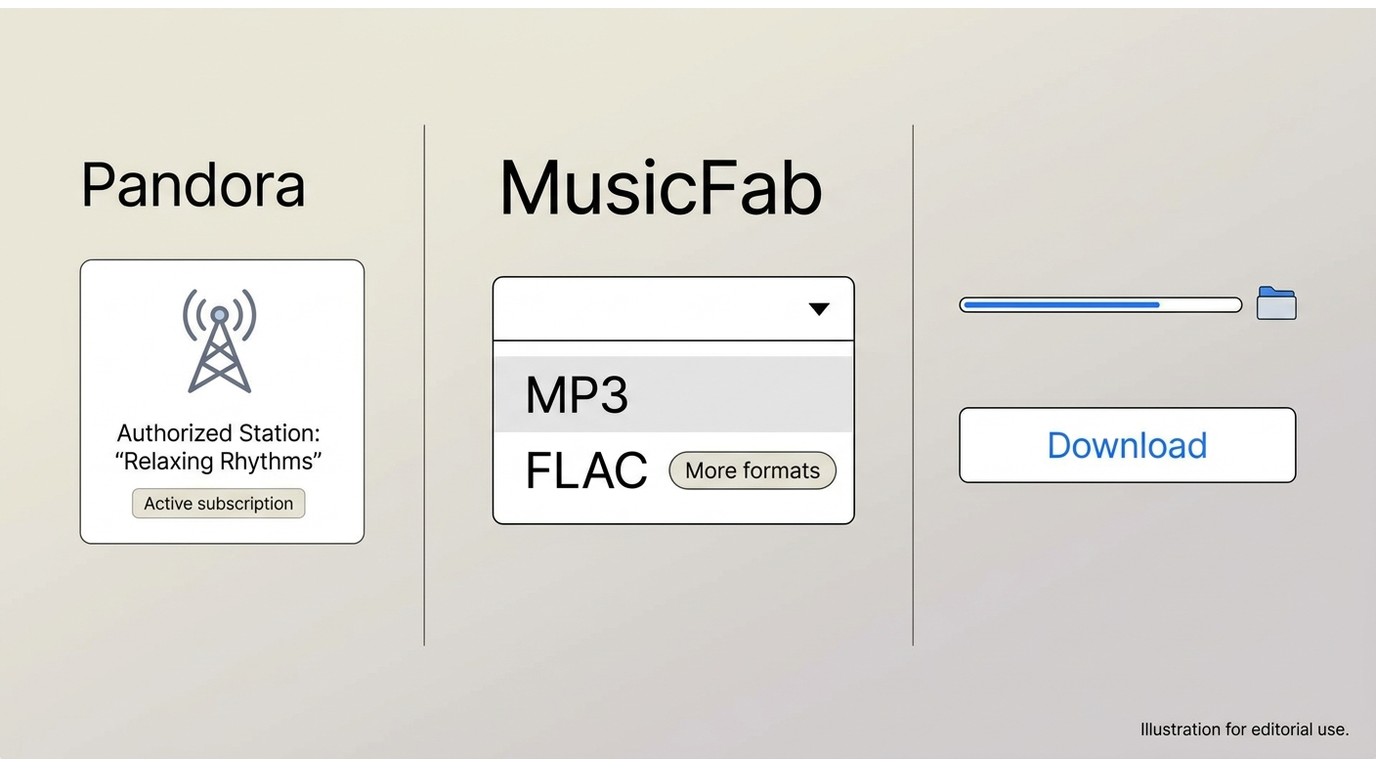 MusicFab Pandora Converter selecting Pandora content and an MP3 or FLAC output download
