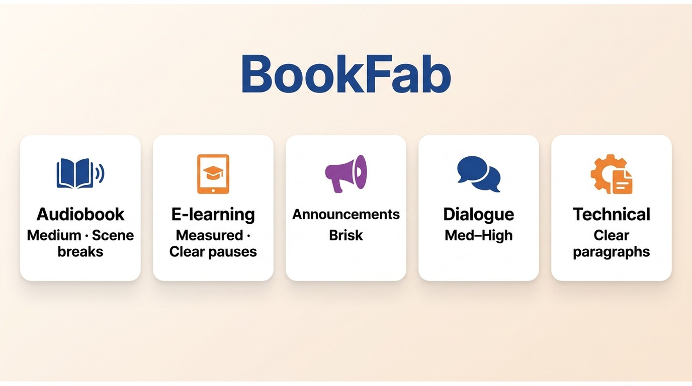 BookFab starting settings for audiobooks, e-learning, announcements, dialogue, and technical documen