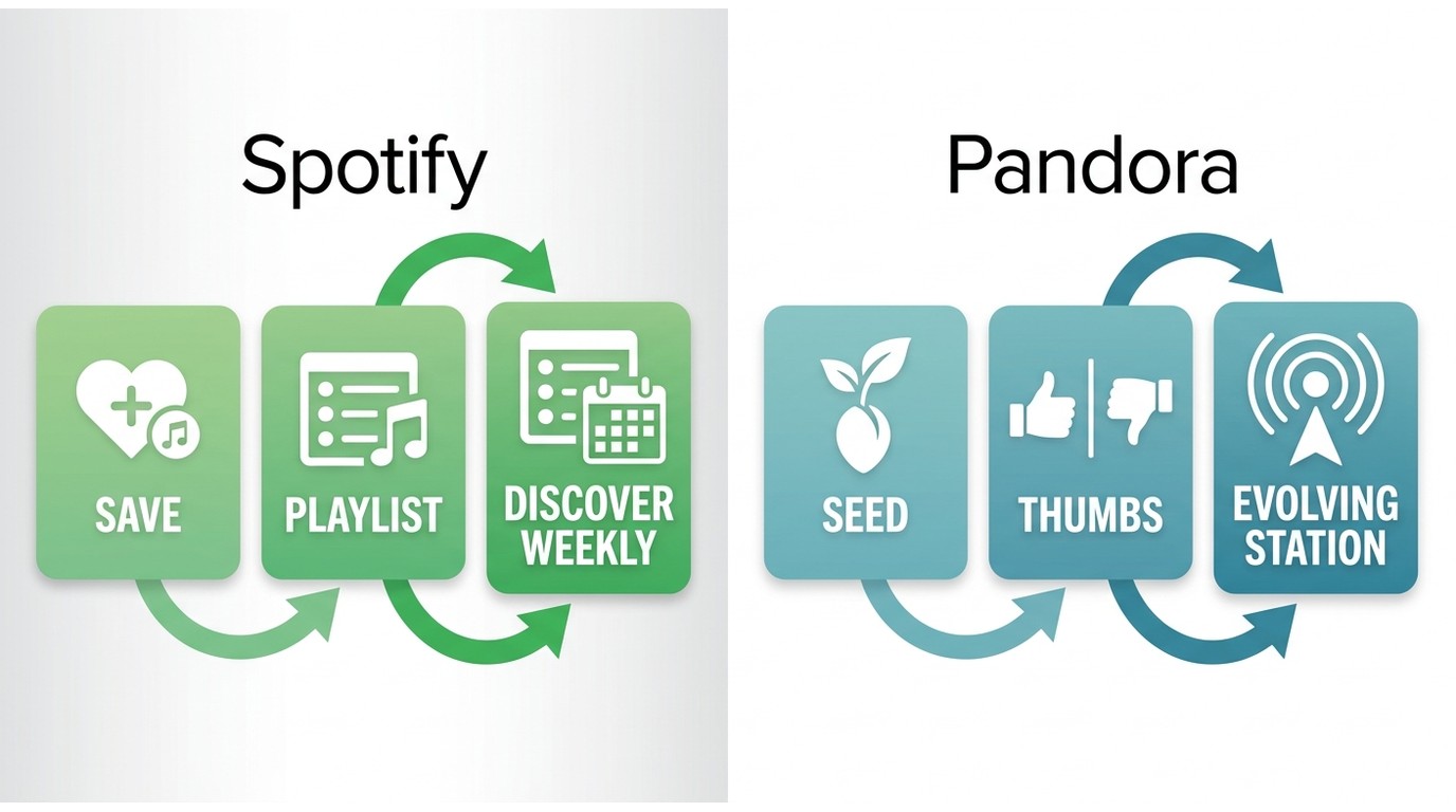 Spotify playlist-led recommendations versus Pandora stations trained by thumbs up and down.