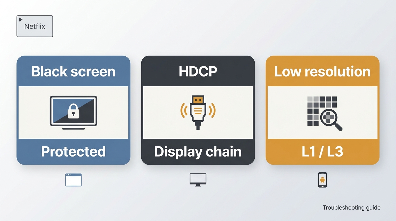 Netflix symptom guide for black screens, HDCP display errors, and low-resolution playback