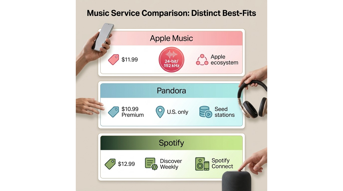 Apple Music, Pandora, and Spotify comparison for price, audio, discovery, devices, and availability.