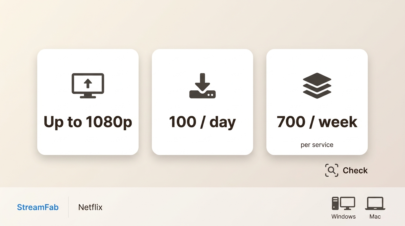 StreamFab Netflix limits: 1080p output, 100 daily downloads, and 700 weekly per service