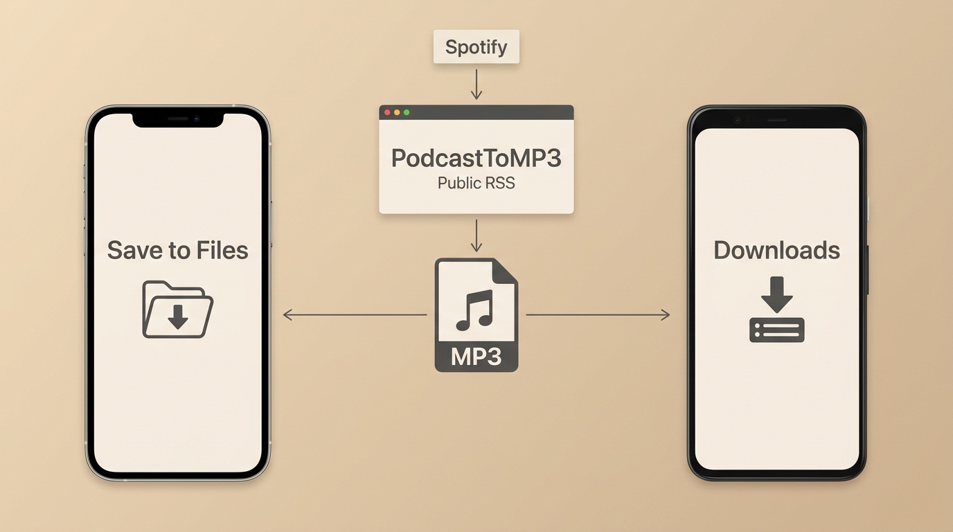 iPhone saves an eligible podcast MP3 to Files while Android saves it to Downloads.
