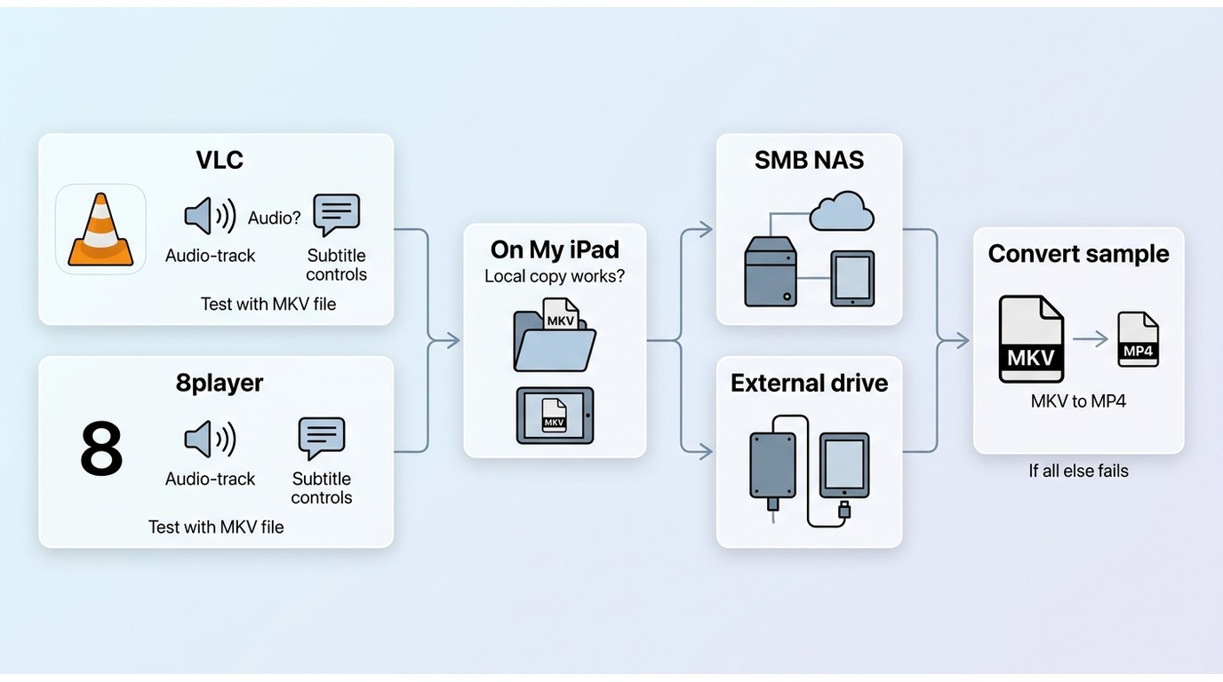 MKV troubleshooting path for audio, subtitles, local copies, NAS sources, and MP4 conversion.