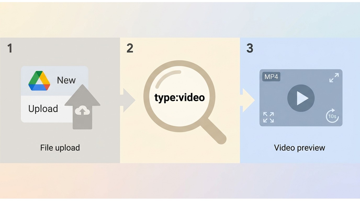 Google Drive desktop upload menu, type:video search, and MP4 preview player controls.