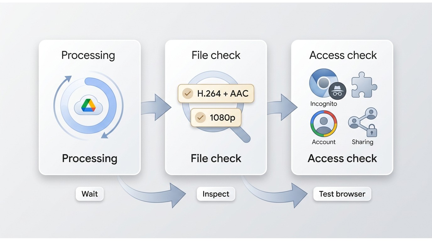 Google Drive MP4 error checks for processing, codecs, resolution, browser, account, and permissions.