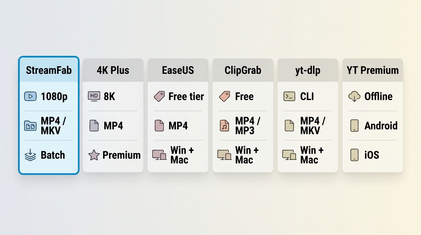 Comparison of StreamFab, 4K Video Downloader Plus, ClipGrab, yt-dlp, and YouTube Premium features.