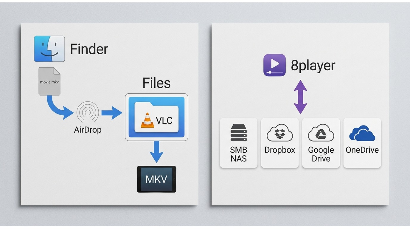 Ways to transfer MKV files to VLC or access them through 8player cloud and NAS sources.