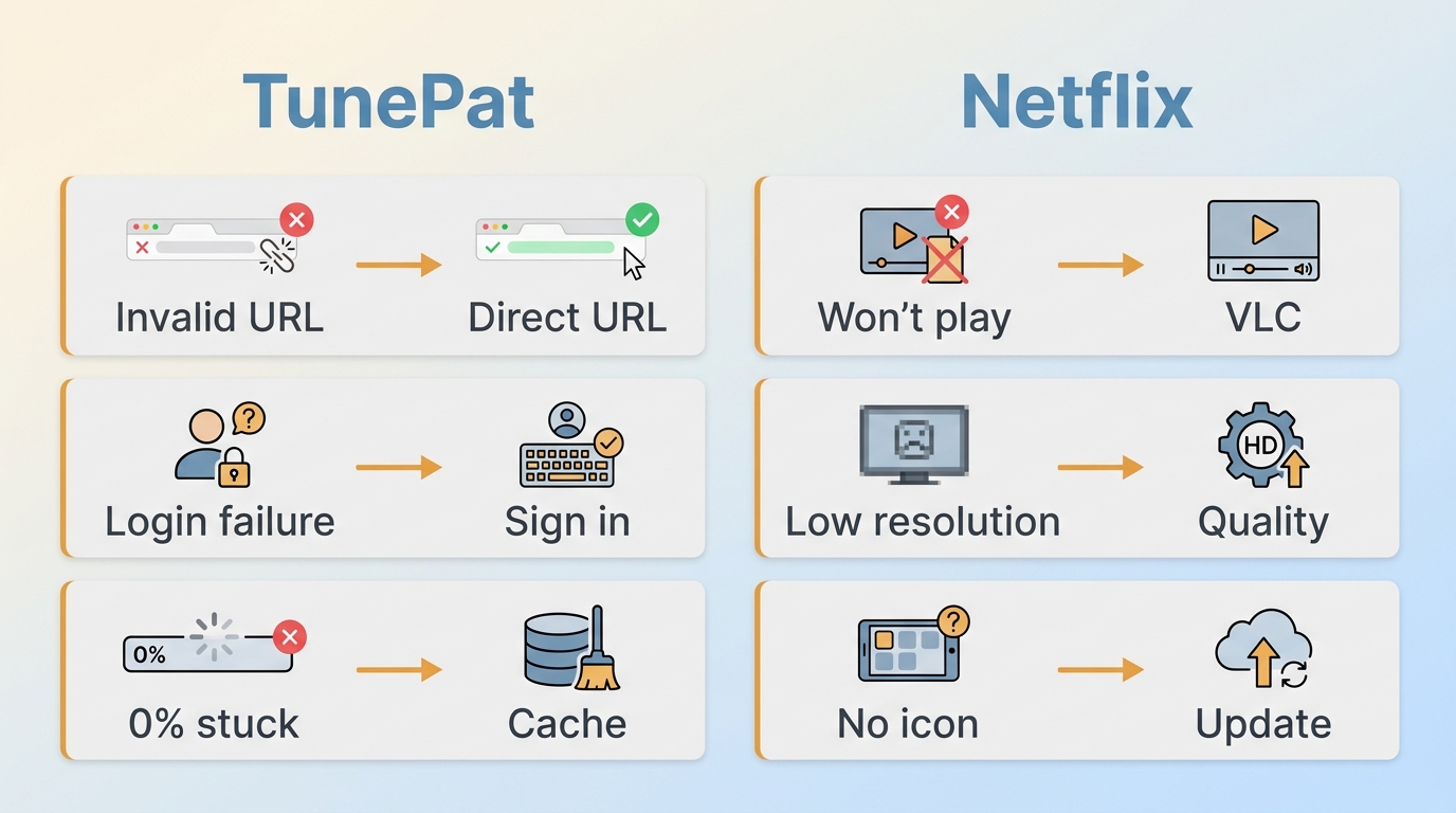 TunePat and Netflix symptoms matched to first troubleshooting checks