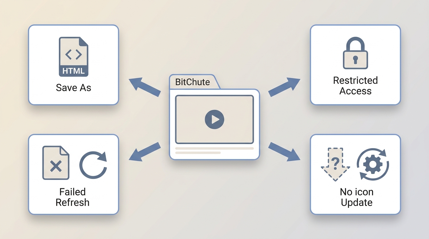 BitChute download troubleshooting for HTML files, restrictions, failed saves, and missing icons.