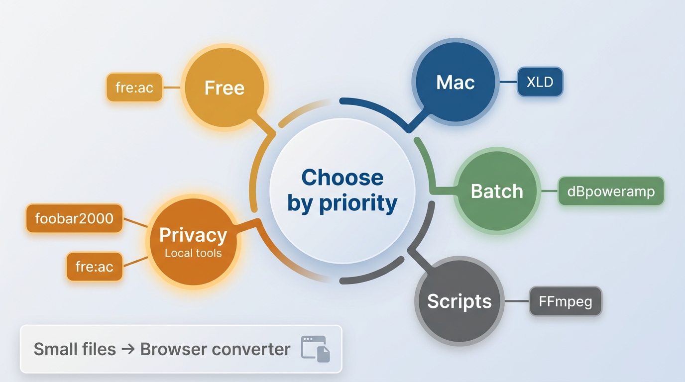 FLAC-to-ALAC tool selection by cost, batch conversion, metadata, privacy, and automation.