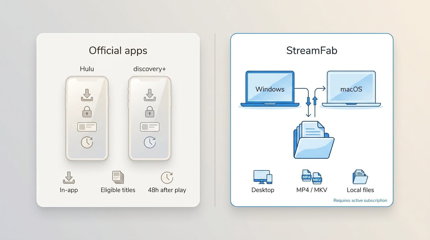 Official Hulu and discovery+ mobile downloads compared with StreamFab desktop local files.