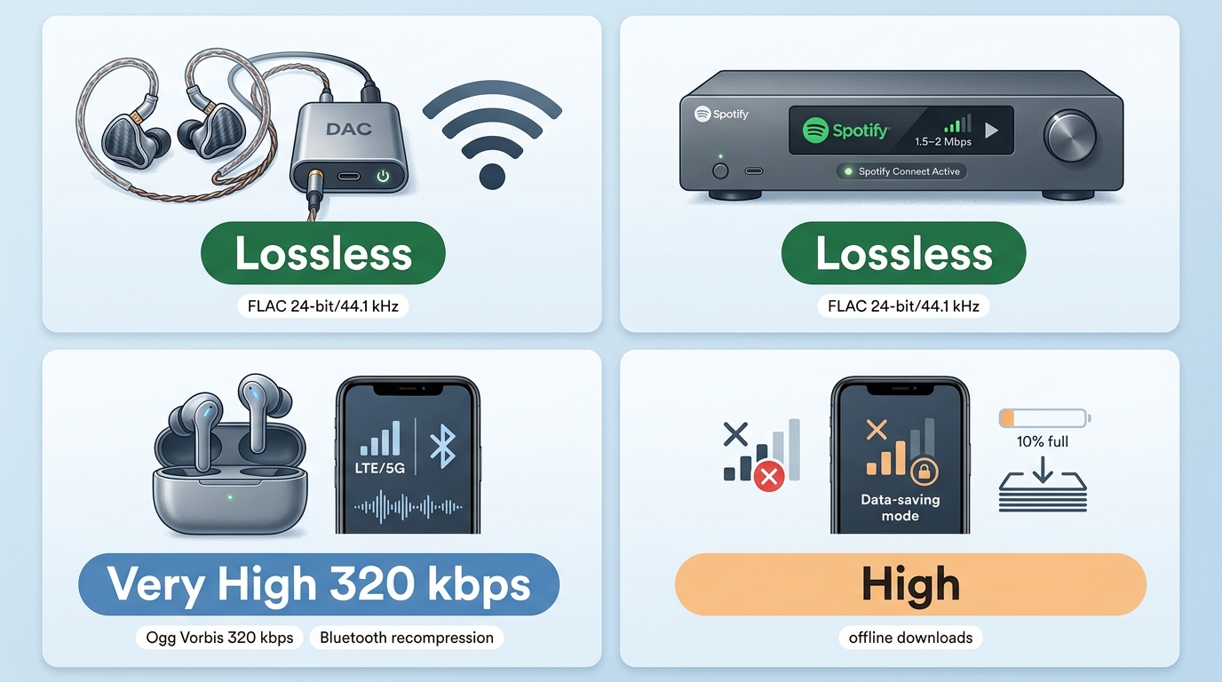 Recommended Spotify quality for wired DACs, Spotify Connect, Bluetooth, and limited mobile data
