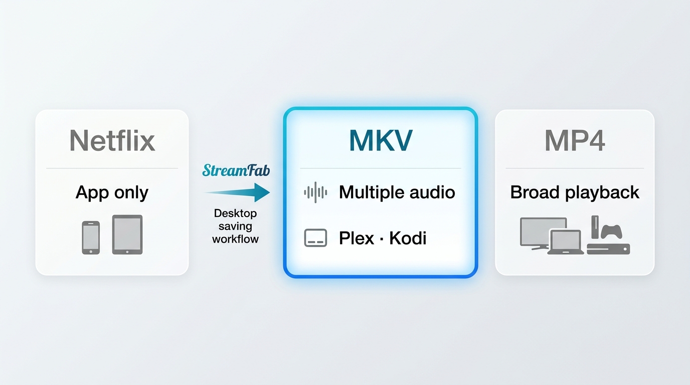 Netflix 下载、MKV 和 MP4 在播放设备、音字幕轨道及 Plex/Kodi 支持方面的对比。