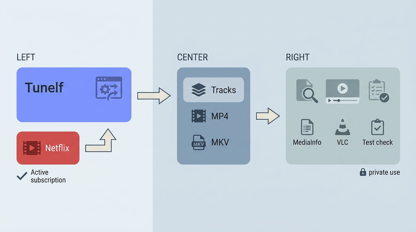 Tunelf Netflix workflow from track selection to MP4 or MKV checks in MediaInfo and VLC.