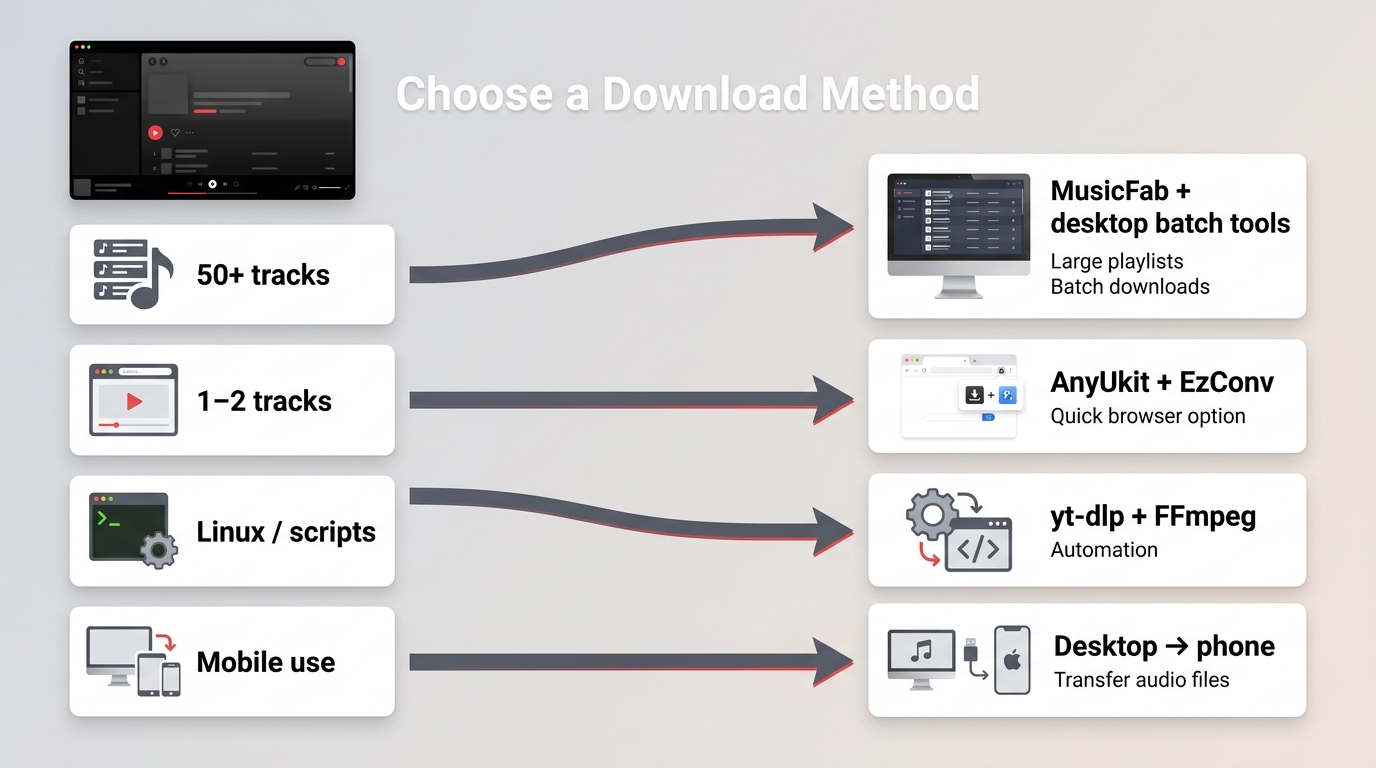 Guide to choosing MusicFab, SnapDownloader, AnyUkit, EzConv, or yt-dlp by playlist size and setup.