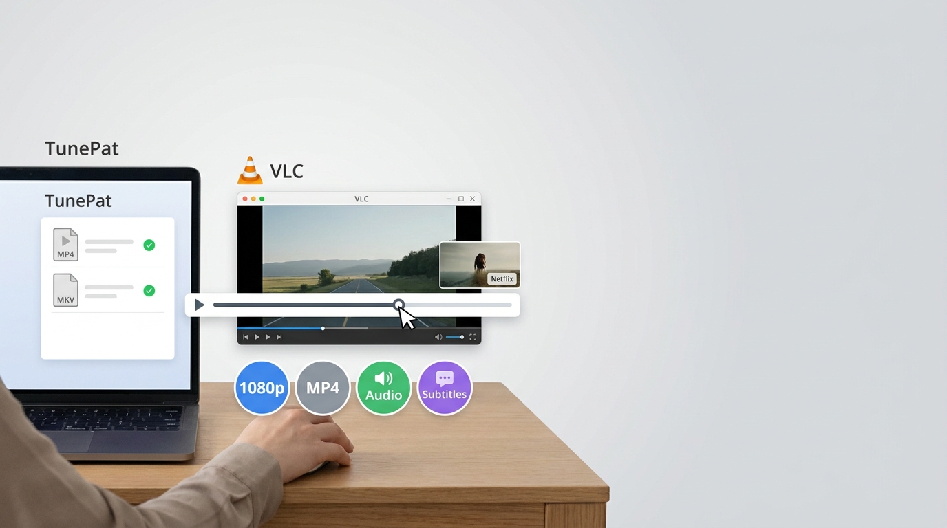 TunePat output checked in VLC for MP4 resolution, audio, subtitles, and playback