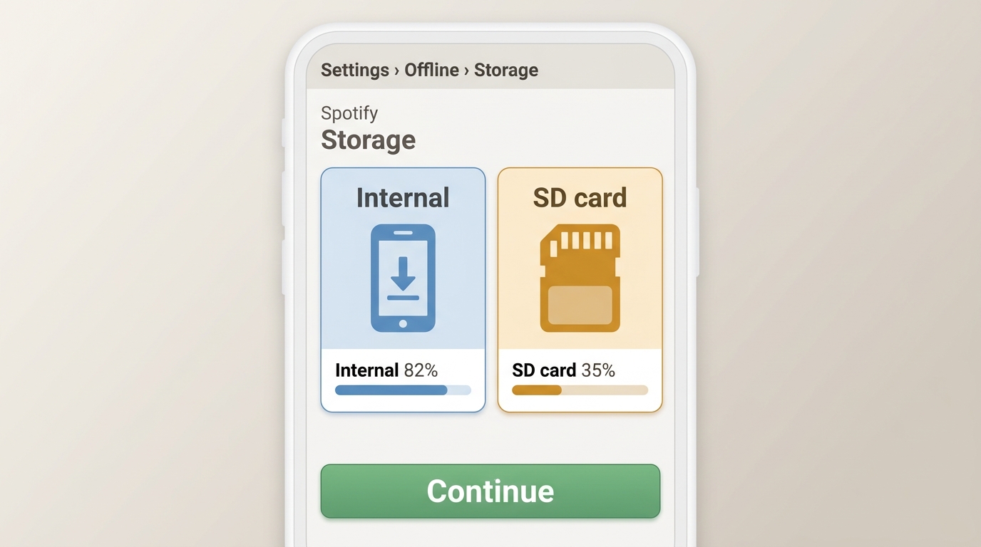 Spotify Android Storage settings with internal storage and SD card download options.