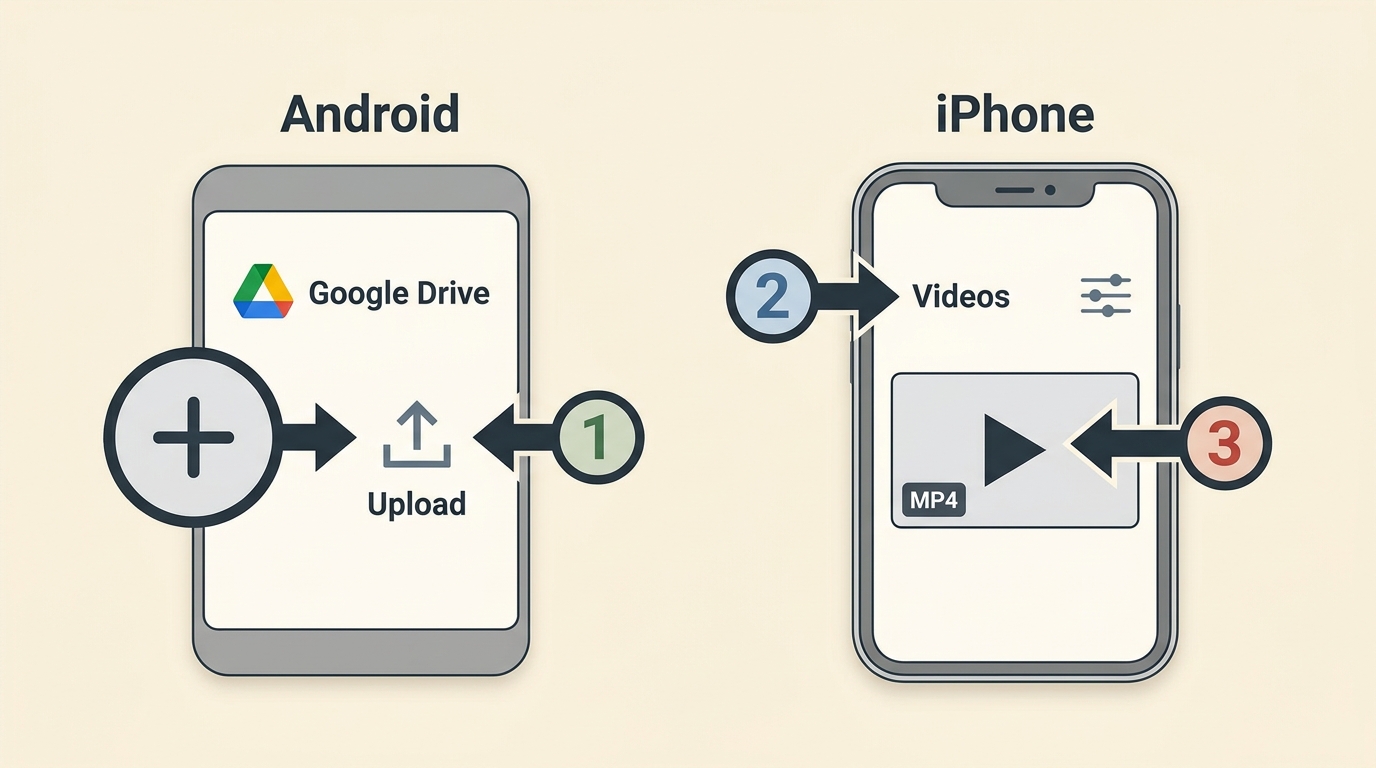 Google Drive on Android and iPhone uploading an MP4, filtering Videos, and opening playback.