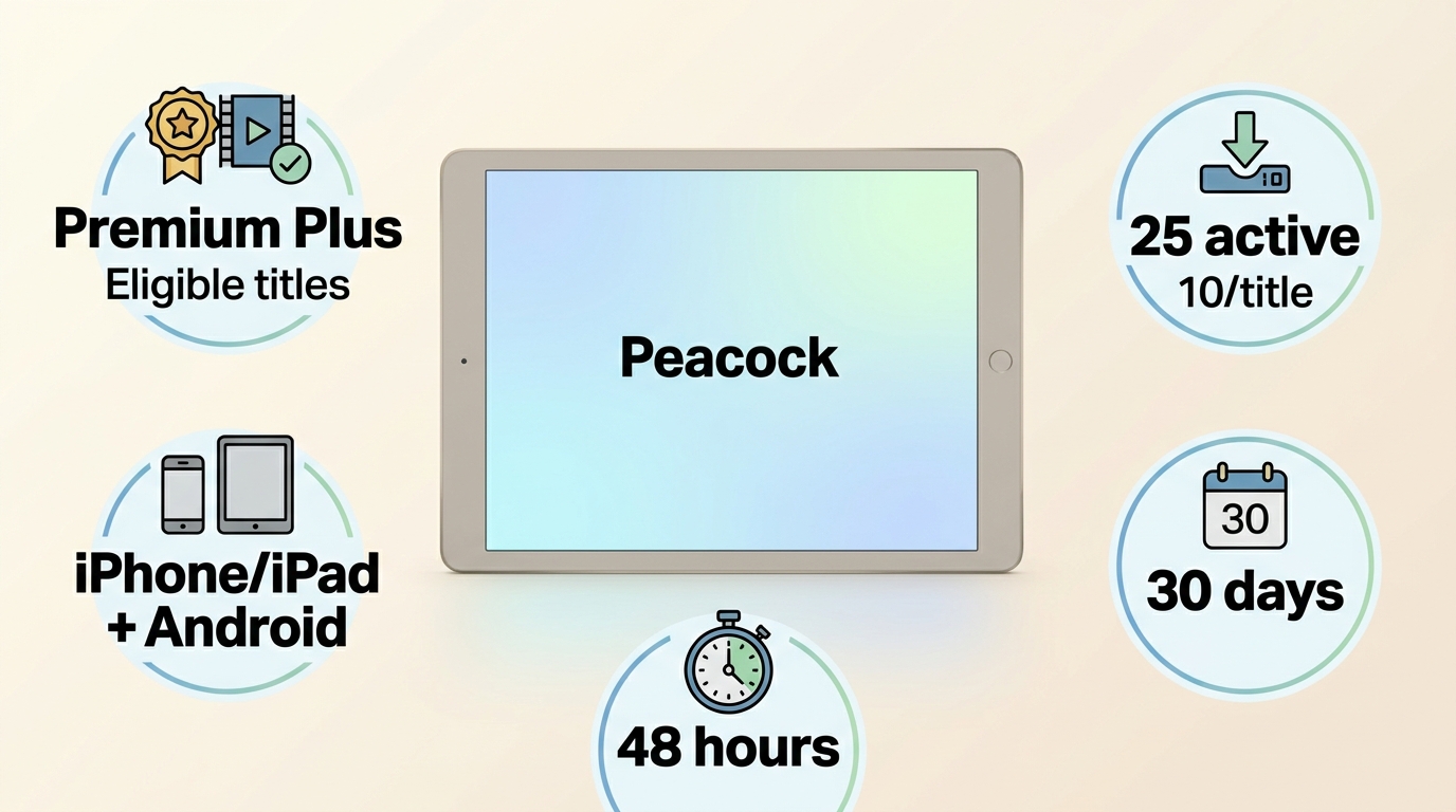 Peacock 离线下载资格、25 项数量上限及 30 天和 48 小时有效期。