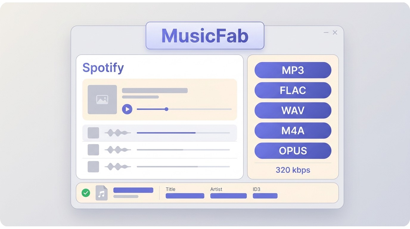 MusicFab queue for Spotify podcast episodes with MP3, FLAC, WAV, M4A, and OPUS outputs.