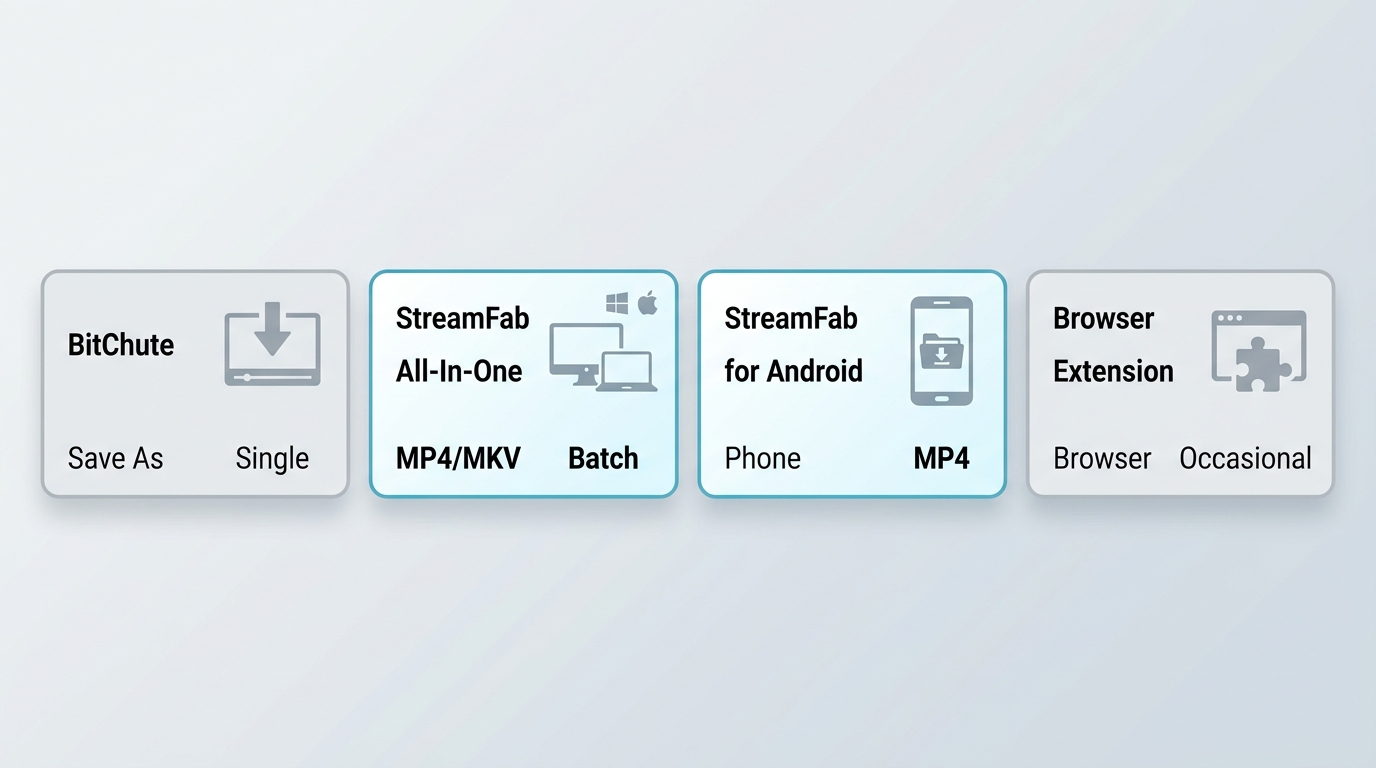 Comparison of BitChute native save, StreamFab desktop, Android, and browser extension options.