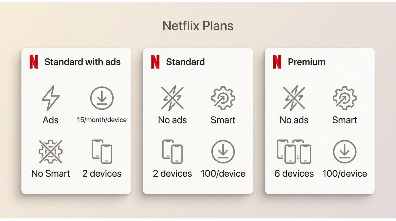 Netflix plan comparison for download caps, Smart Downloads, and allowed download devices.