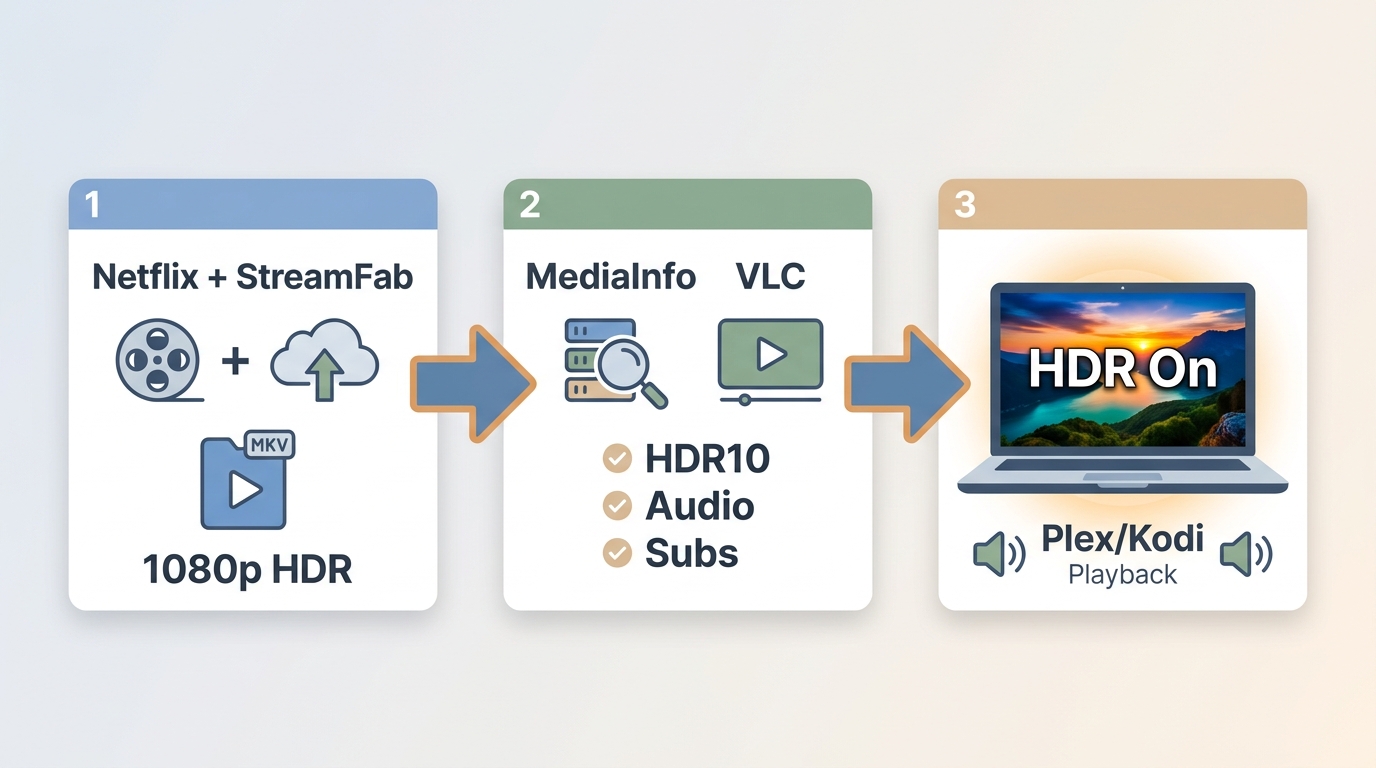 Verification steps for Netflix MP4 or MKV metadata, HDR playback, audio, and subtitles in VLC, Plex,