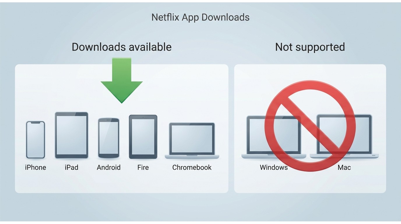 Netflix downloads work on iPhone, iPad, Android, Fire tablets, and Chromebooks, not Windows or macOS