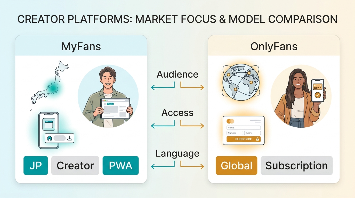 Comparison of MyFans and OnlyFans by language context, access model, and audience.