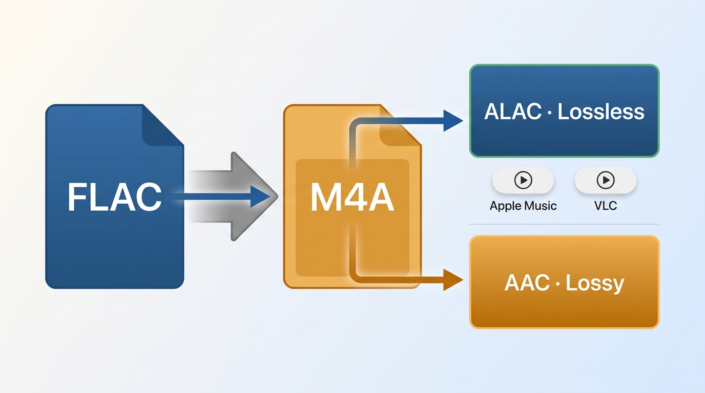 FLAC conversion can create an M4A containing ALAC or AAC, so the codec must be checked.