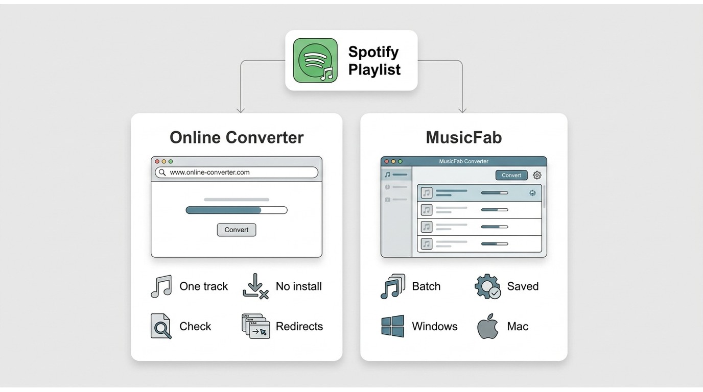 Online Spotify conversion versus MusicFab desktop workflow for playlist libraries