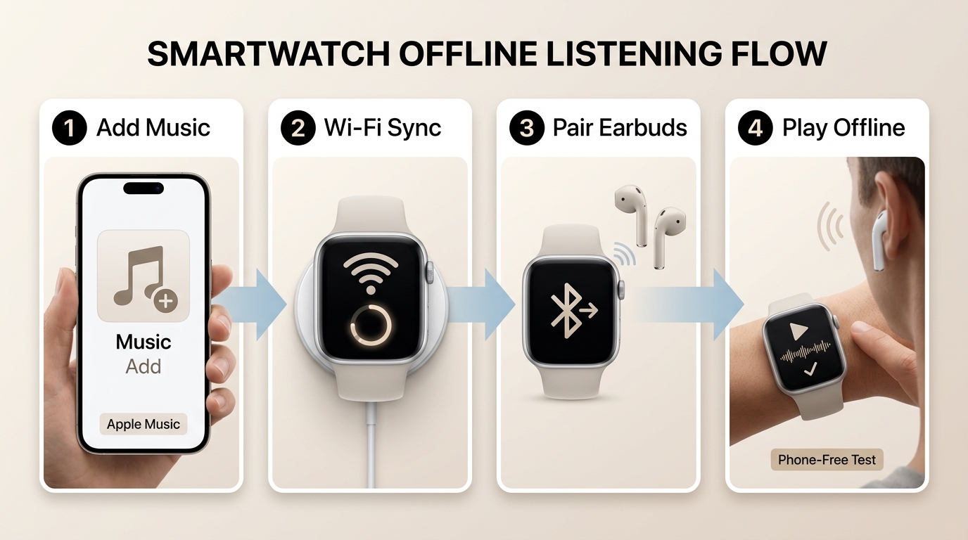 Apple Watch setup for syncing Apple Music, pairing earbuds, and phone-free playback
