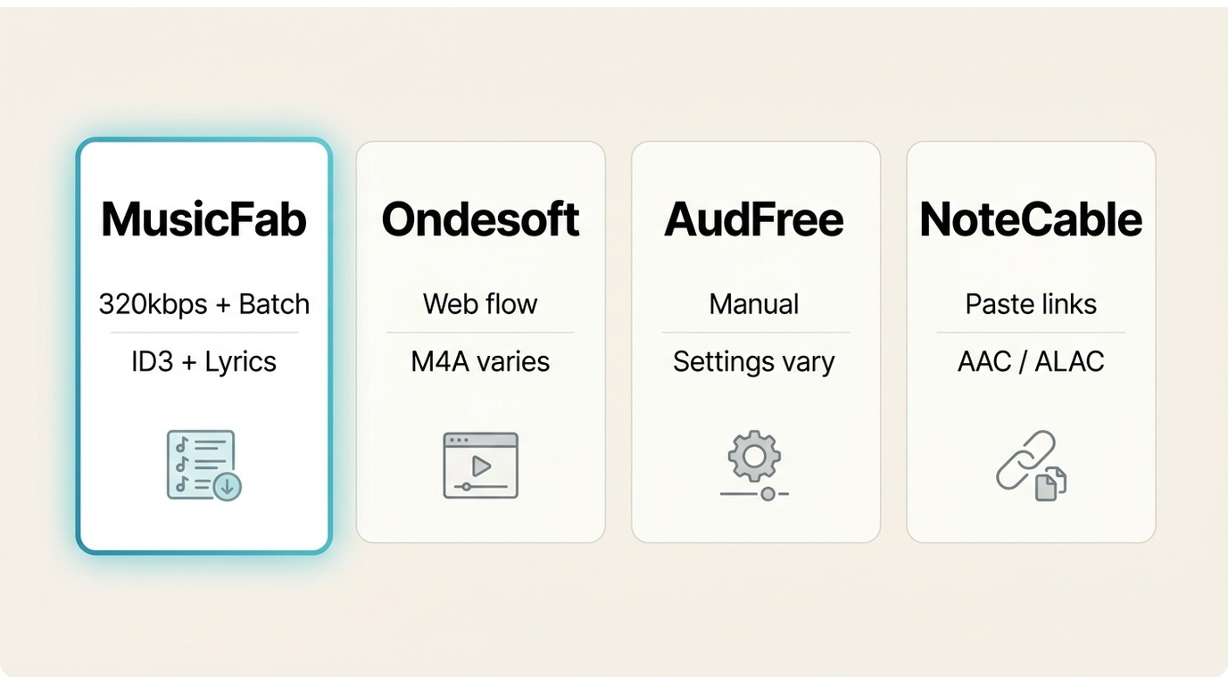 Comparison of MusicFab, Ondesoft, AudFree, and NoteCable for playlist M4A conversion