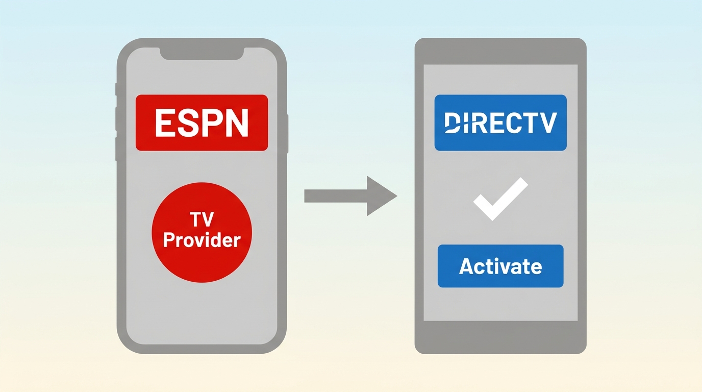 ESPN app sign-in flow using DIRECTV as the TV provider for streaming access.